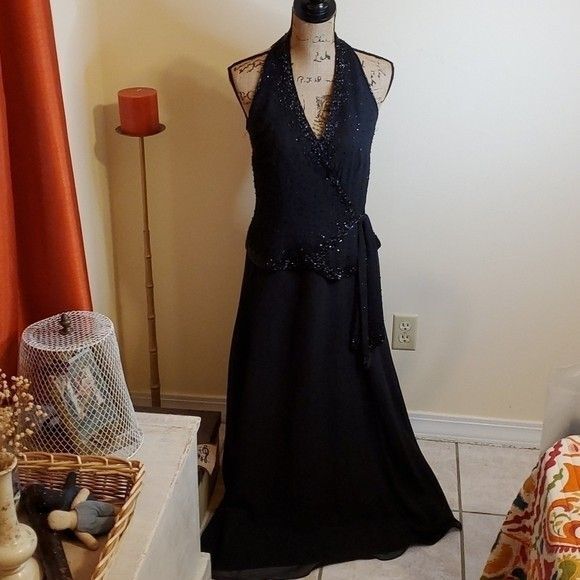 J Kara black beaded chiffon maxi gown size 6 - Picture 1 of 13